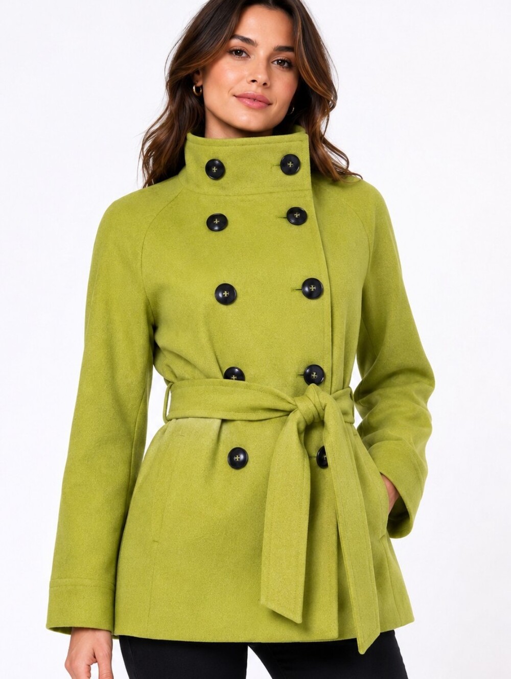 Antonio Melani Chartreuse Wool Blend Peacoat Jacket Belted Swing Coat Sz 6